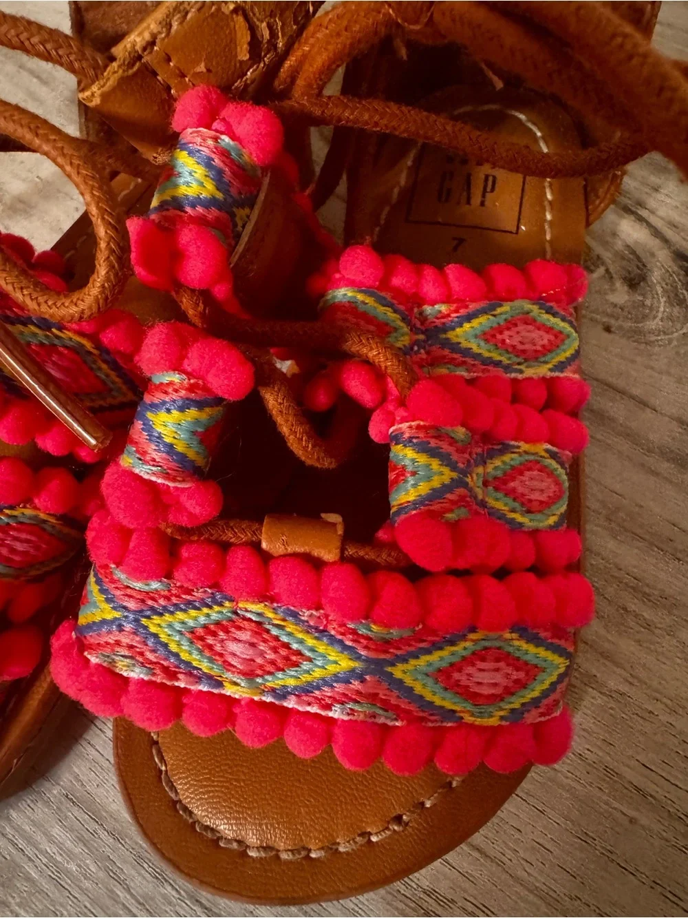 GAP Brown Sandals with Bright Pink Pom-Pom & Multicolor Woven Straps